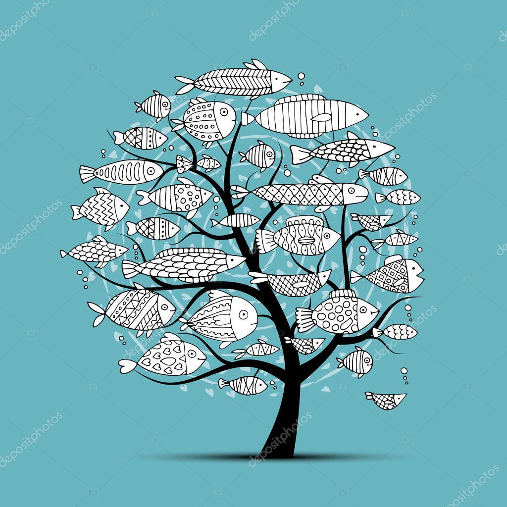 Art fish tree, sketch for your design. Vector illustration