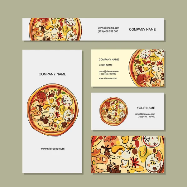 Σχεδιασμός επαγγελματικές κάρτες με πίτσα σκίτσο — Διανυσματικό Αρχείο