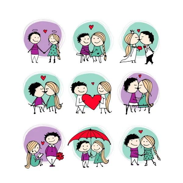 在爱接吻的夫妇，情人节为您设计素描 — 图库矢量图片