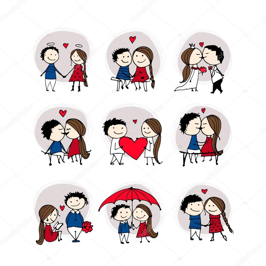 Couple in love kissing, valentine sketch for your design, vector illustration