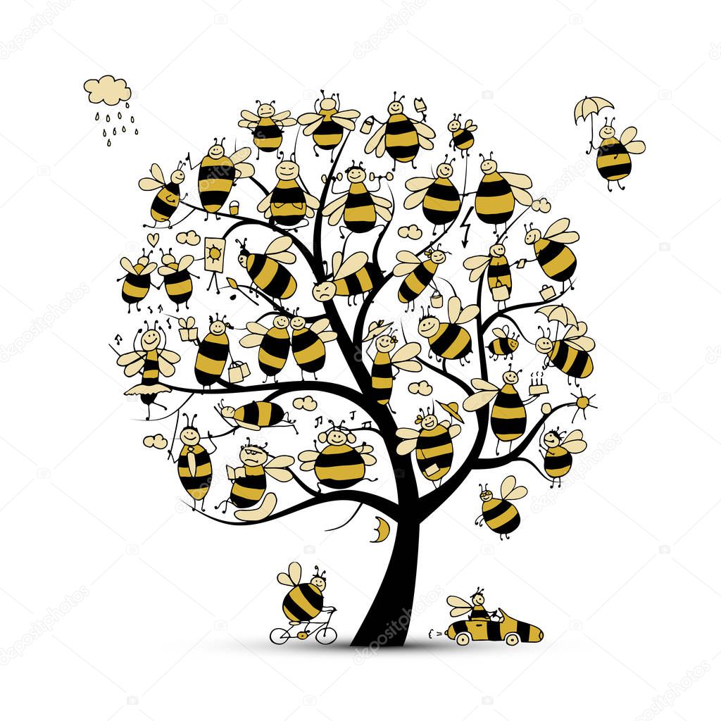 Art tree with family bees, sketch for your design. Vector illustration