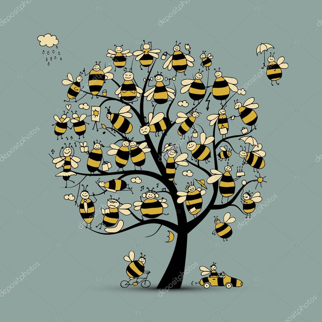 Art tree with family bees, sketch for your design. Vector illustration