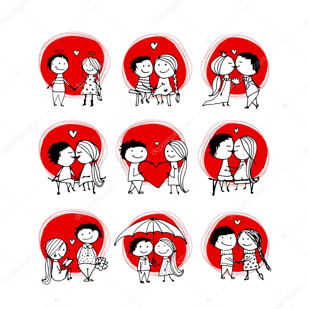 Couple in love kissing, valentine sketch for your design, vector illustration