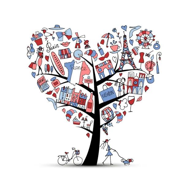 I love France, art tree. Sketch for your design — Stock Vector