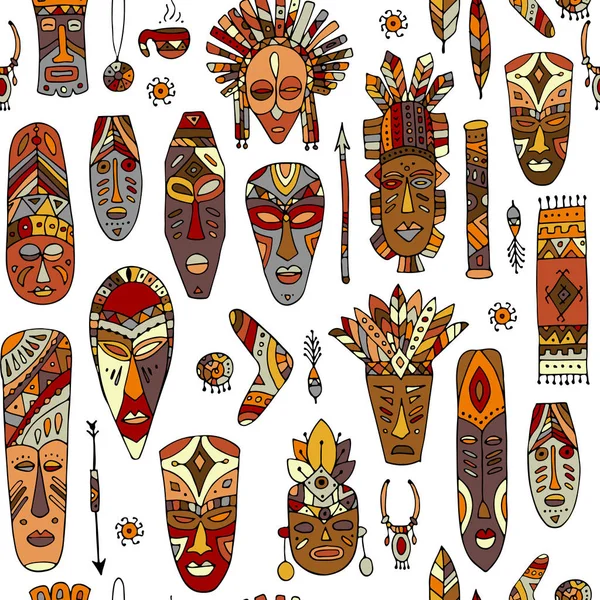 Племенная маска этническая, бесшовный узор, эскиз для вашего дизайна — стоковый вектор
