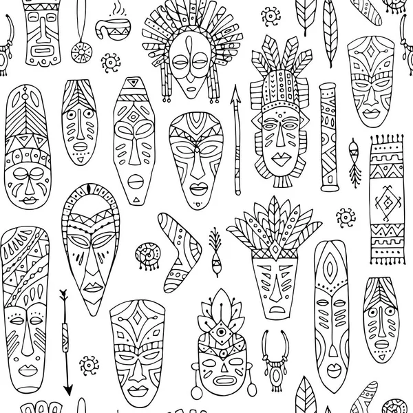 部族マスク民族、シームレスなパターン、あなたの設計のためのスケッチ — ストックベクタ