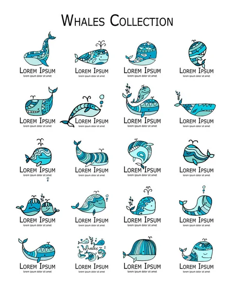 Ensemble logo baleines, croquis pour votre design — Image vectorielle