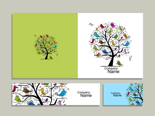 Biglietto di auguri, albero con uccelli canterini — Vettoriale Stock
