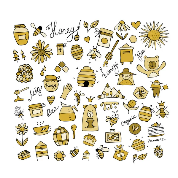 Colmenar de miel, conjunto de iconos. Boceto para su diseño — Vector de stock