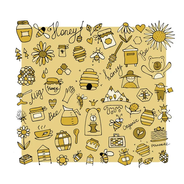 Honey apiary, icons set. Sketch for your design — Stock Vector