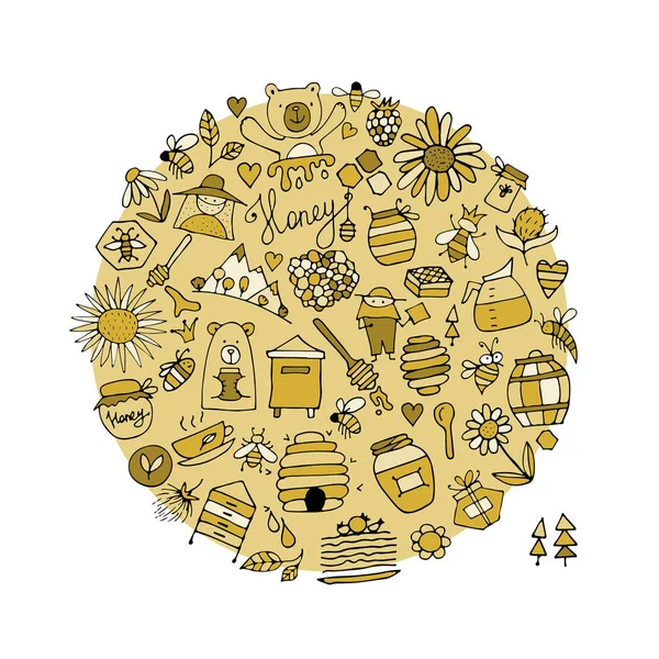 Honey apiary, icons set. Sketch for your design — Stock Vector