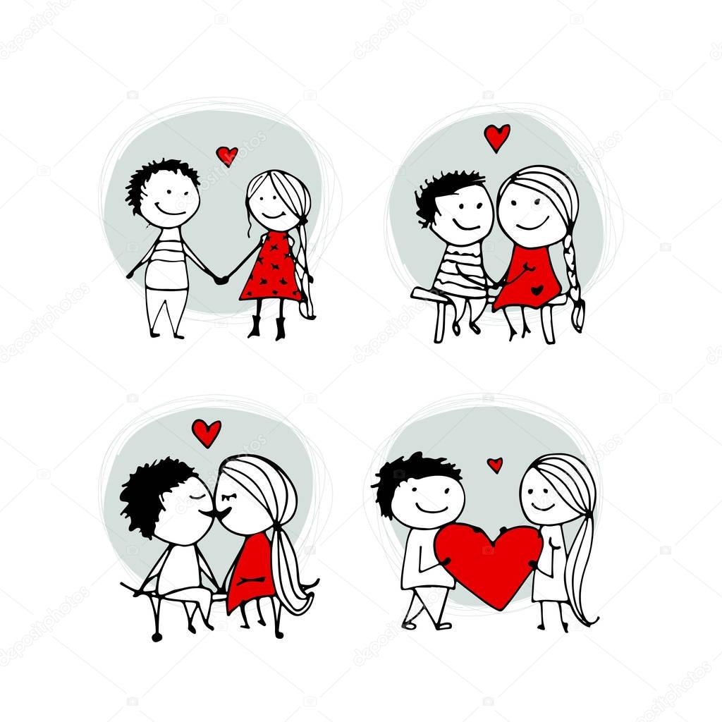 Couple in love kissing, valentine sketch for your design, vector illustration