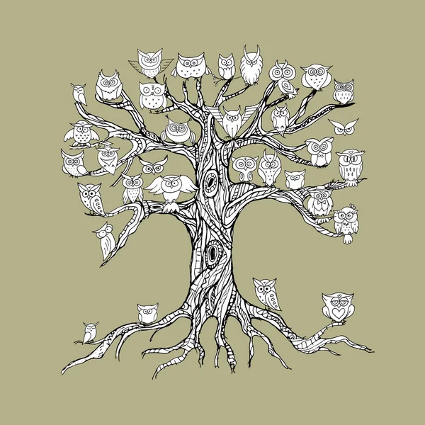 Vieil arbre avec des hiboux pour votre conception — Image vectorielle