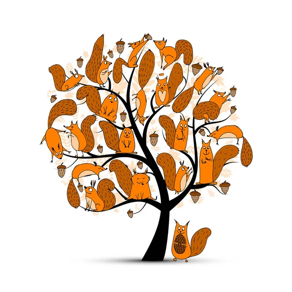 Funny squirrel family, art tree for your design — Stock Vector