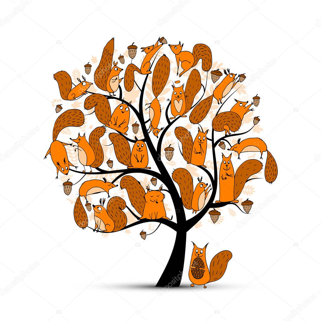 Funny squirrel family, art tree for your design. Vector illustration