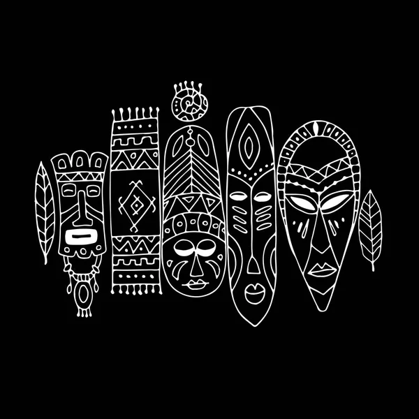 Conjunto étnico máscara tribal, boceto para su diseño — Vector de stock