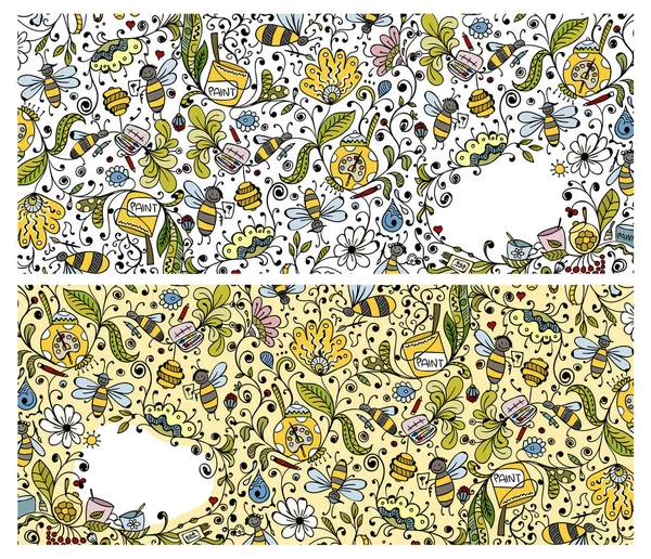 Abstraktní květinové bannery s včel, Skica pro návrh — Stockový vektor