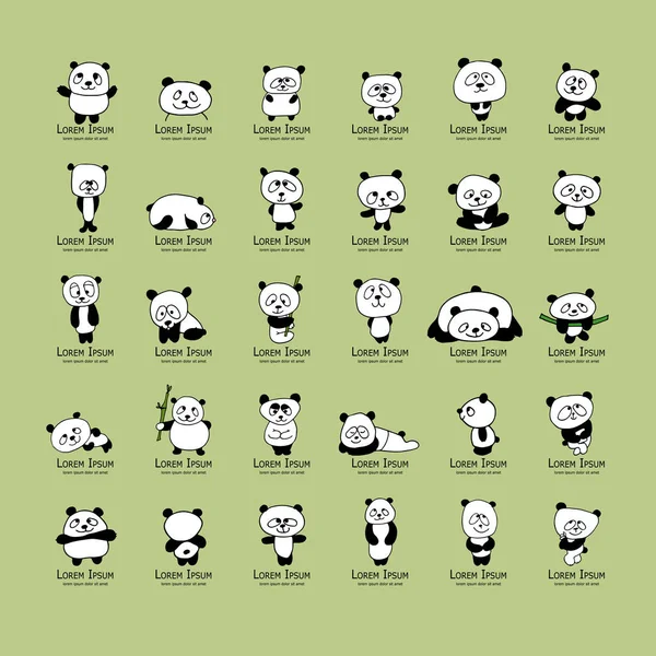 Coleção engraçada dos pandas, esboço para seu projeto — Vetor de Stock