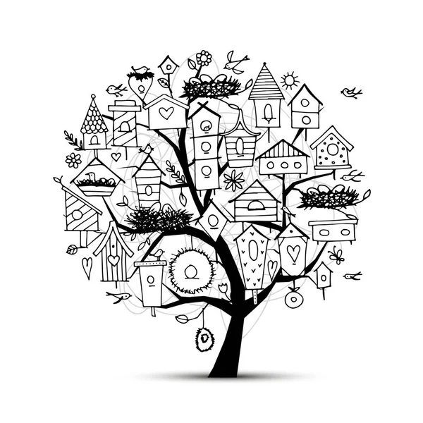 Дерево з пташиними будинками, ескіз для вашого дизайну — стоковий вектор