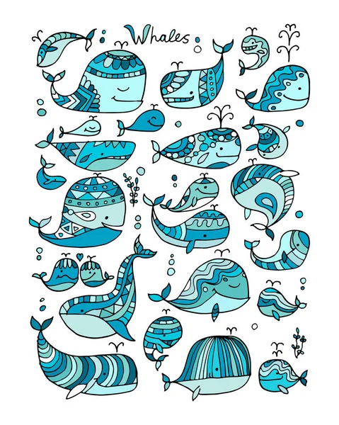 Whales collection, sketch for your design — Stock Vector