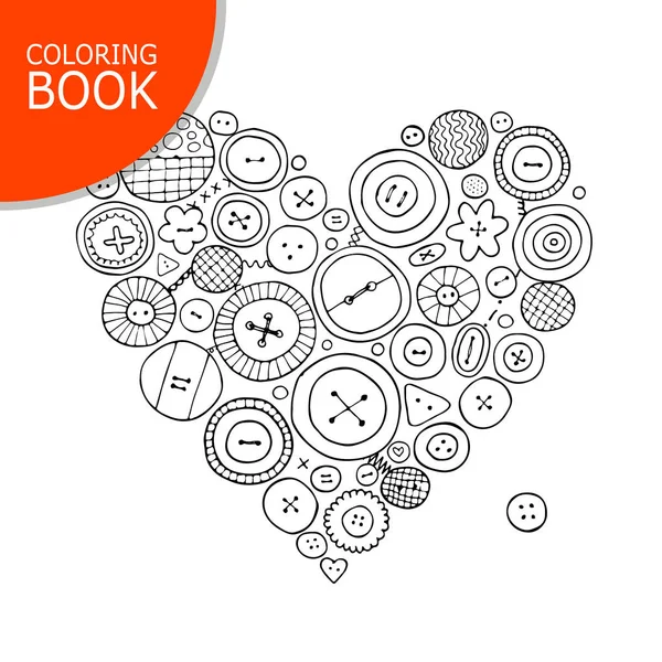 Collezione di bottoni, forma di cuore. Pagina per il tuo libro da colorare — Vettoriale Stock