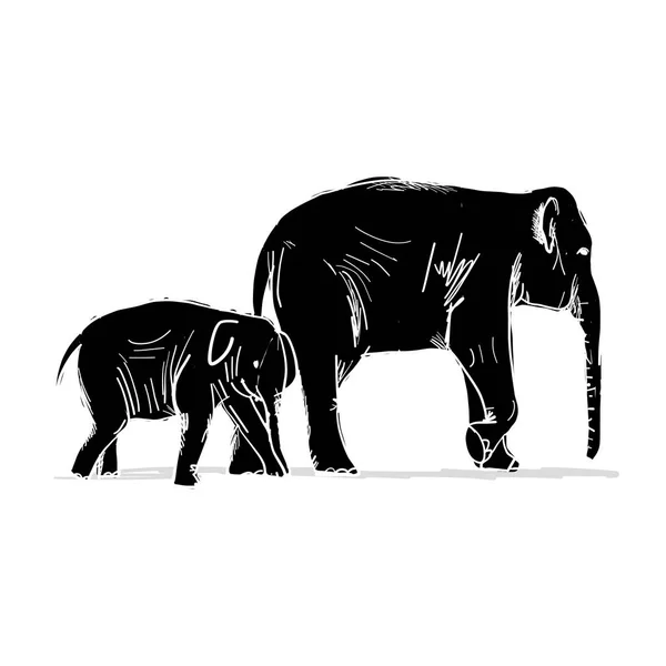 Elephant mother with child, sketch for your design — Stock Vector