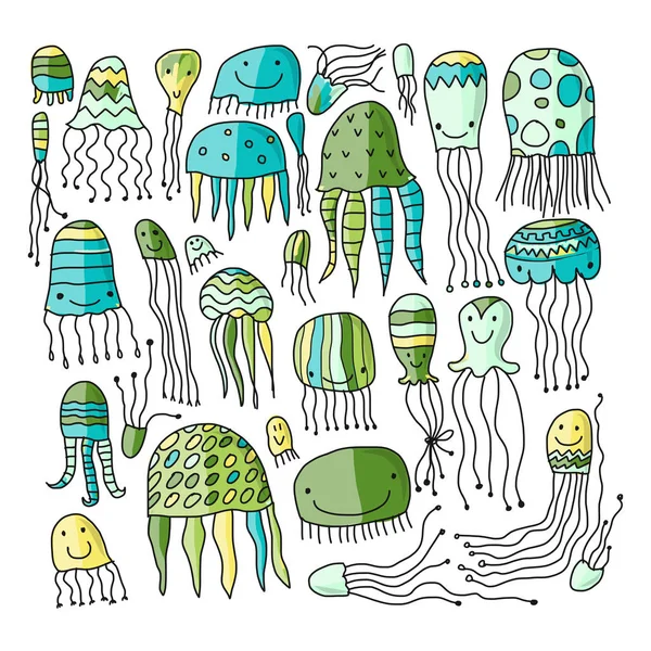 Koleksi ubur-ubur, sketsa untuk desain Anda - Stok Vektor