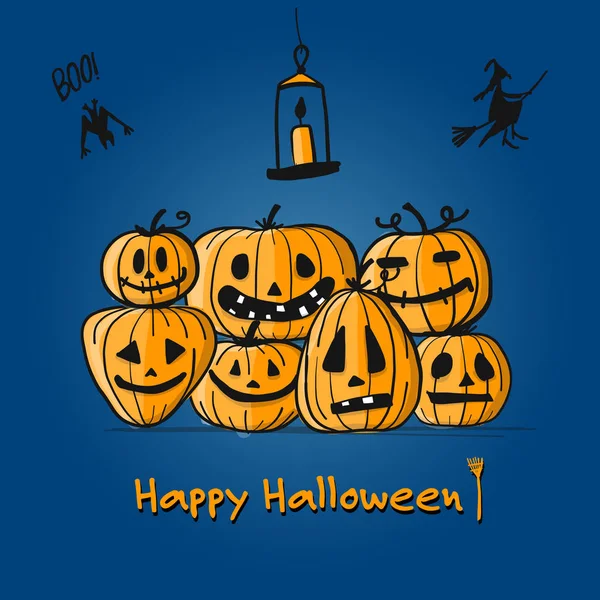 Joyeux Halloween carte, citrouilles croquis pour votre conception — Image vectorielle