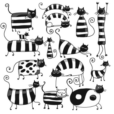 Tasarımınız için sevimli çizgili kediler aile, kroki