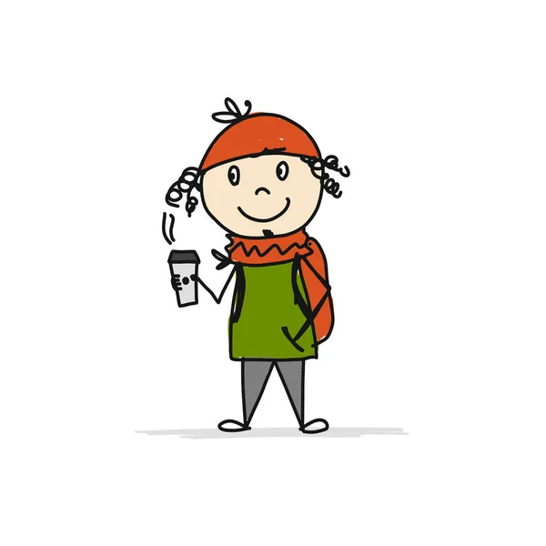 Niño con taza de café, boceto para su diseño — Vector de stock