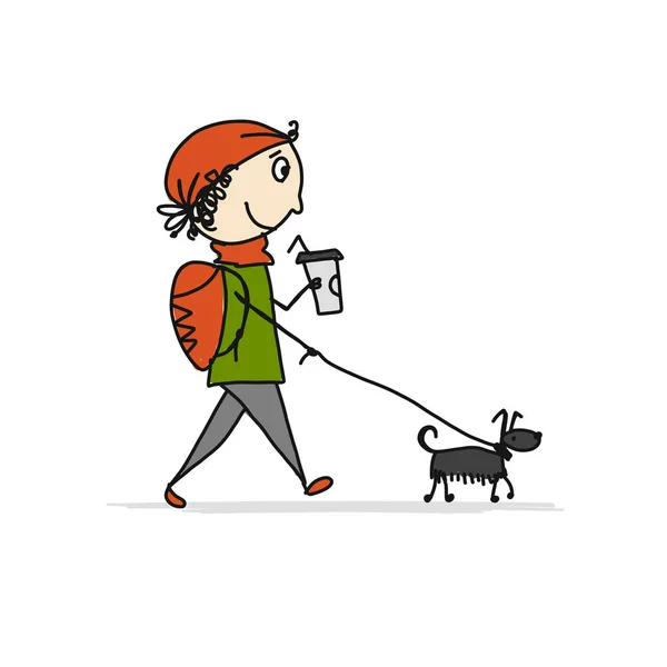 Chłopiec, spacery z psem, szkic do projektowania — Wektor stockowy