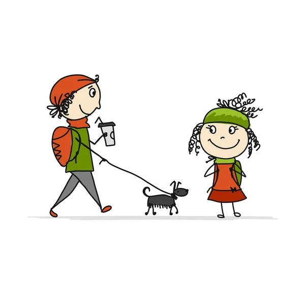 Jongen en meisje, wandelen met de hond, sketch voor uw ontwerp — Stockvector