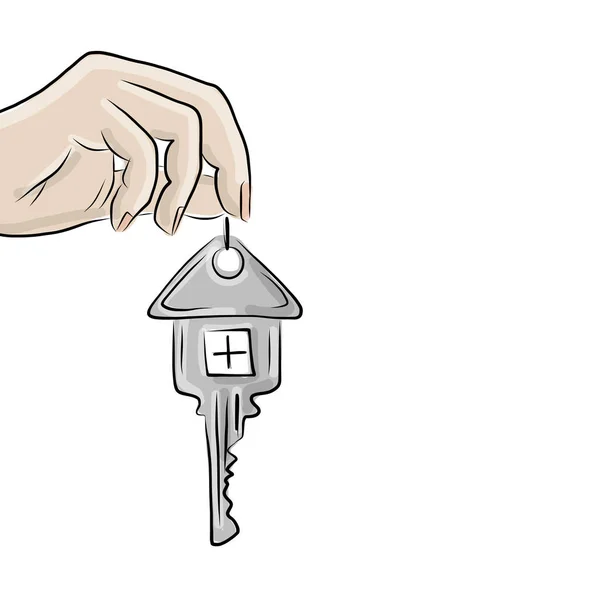 Main avec clé de la maison, croquis pour votre design — Image vectorielle