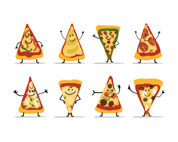Pizza skivor teckenuppsättning, skiss för din design — Stock vektor