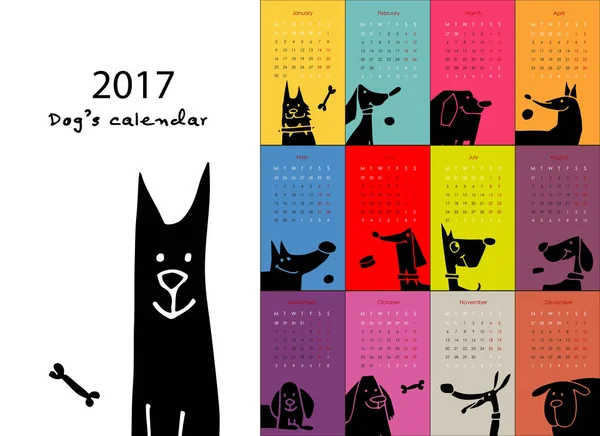 Cães engraçados, calendário 2017 design — Vetor de Stock