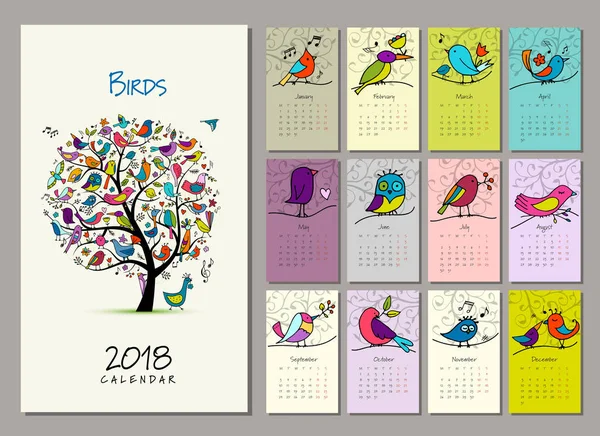 Albero degli uccelli, calendario 2018 design — Vettoriale Stock