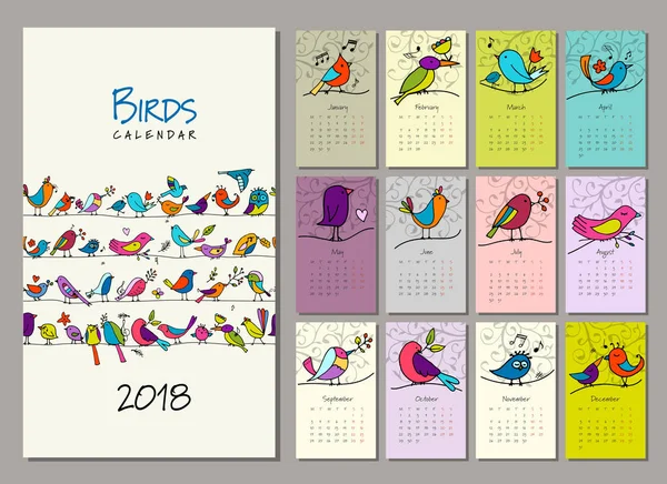 鳥の家族、2018 のカレンダーのデザイン — ストックベクタ