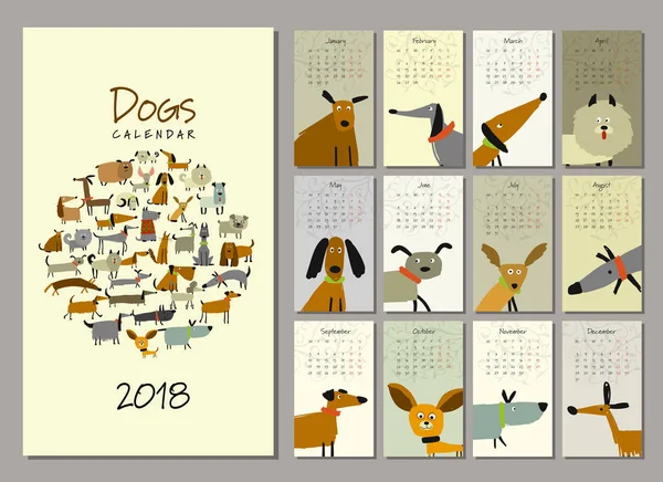 Cani divertenti, calendario 2018 design — Vettoriale Stock