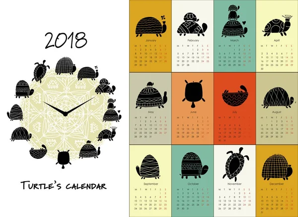 Tartarughe divertenti, calendario 2018 design — Vettoriale Stock