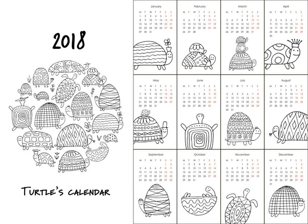Tartarughe divertenti, calendario 2018 design per la colorazione — Vettoriale Stock