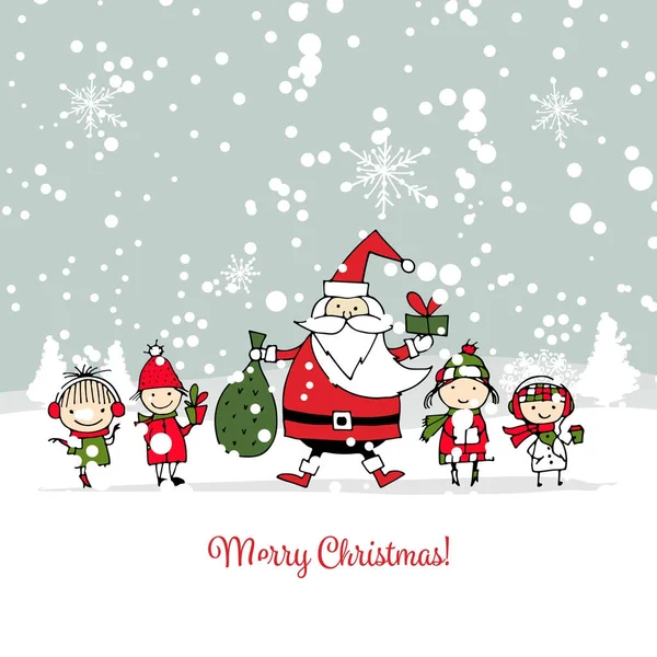 Санта Клаус с детьми. Рождественская открытка — стоковый вектор