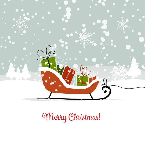 Χριστουγεννιάτικη κάρτα, έλκηθρο με δώρα για το σχέδιό σας — Διανυσματικό Αρχείο