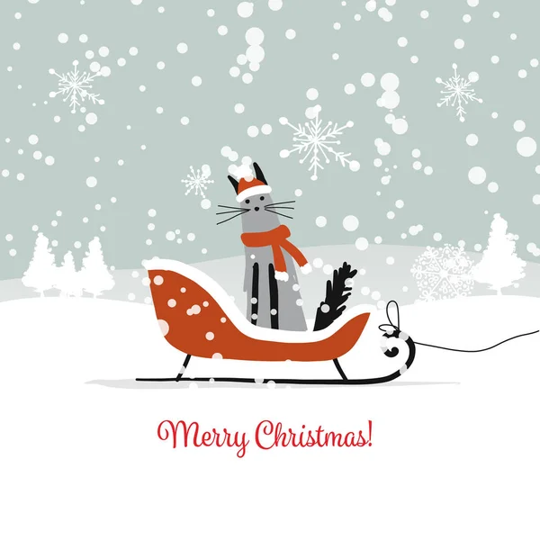 Σχεδιασμό Χριστουγεννιάτικη κάρτα, έλκηθρο santa γάτα — Διανυσματικό Αρχείο