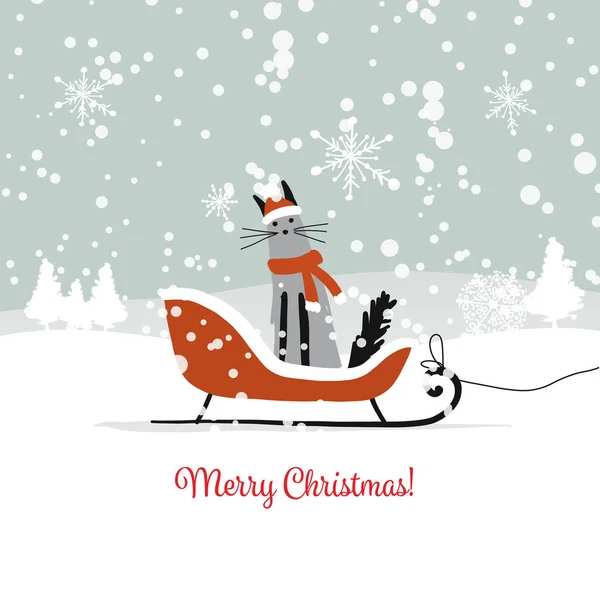 Christmas card design, sledge with santa cat — Stock Vector