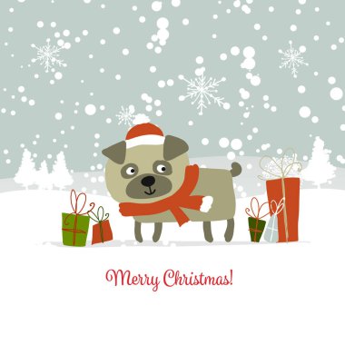 Noel kartı, hediyeler santa köpek. 2018 sembolü