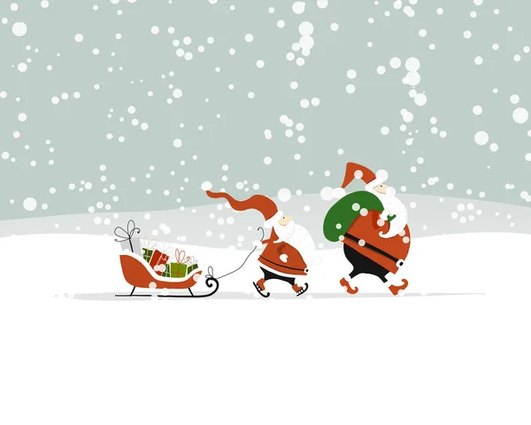 Santa broers in winter woud. Kerstkaart — Stockvector