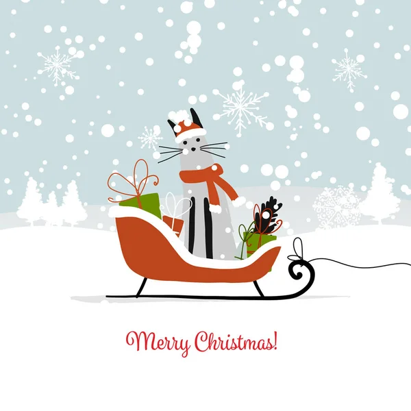 Christmas card design, sledge with santa cat — Stock Vector