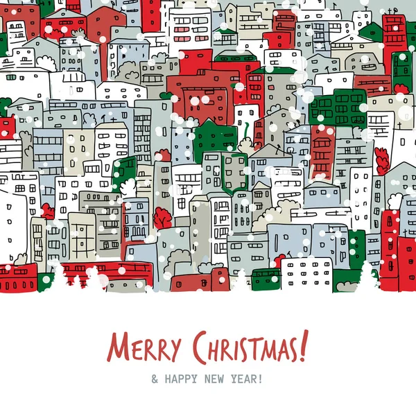 与城市景观背景的快乐圣诞明信片。 — 图库矢量图片
