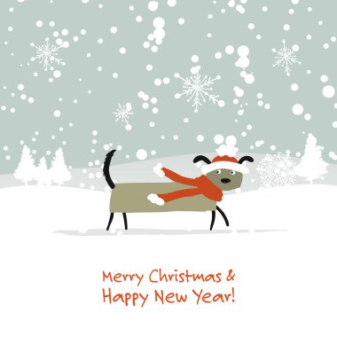 Noel kartı, santa köpek orman içinde. 2018 sembolü