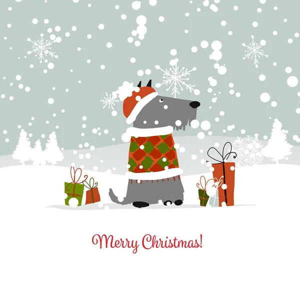 Kerstkaart, santa hond met geschenken. Symbool van 2018 — Stockvector